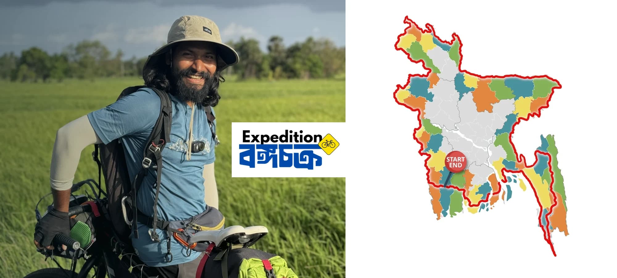Intiaz Mahmud with his loaded expedition bicycle beside the proposed বঙ্গচক্র route map of Bangladesh