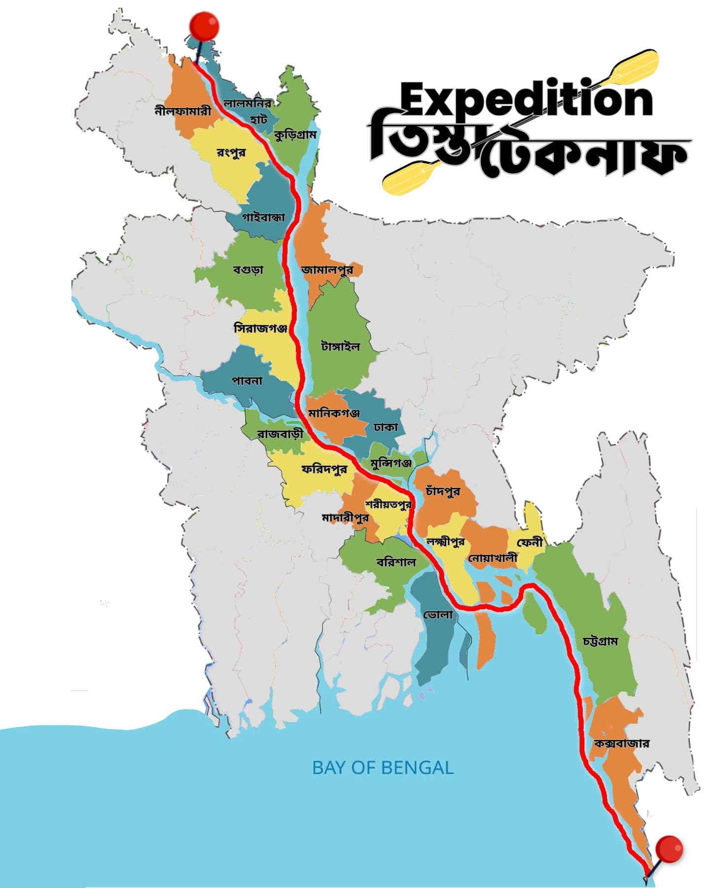 বাংলাদেশের জেলা মানচিত্রে উত্তর থেকে দক্ষিণ-পূর্ব উপকূল পর্যন্ত তিস্তা–টেকনাফ অভিযানের পথ