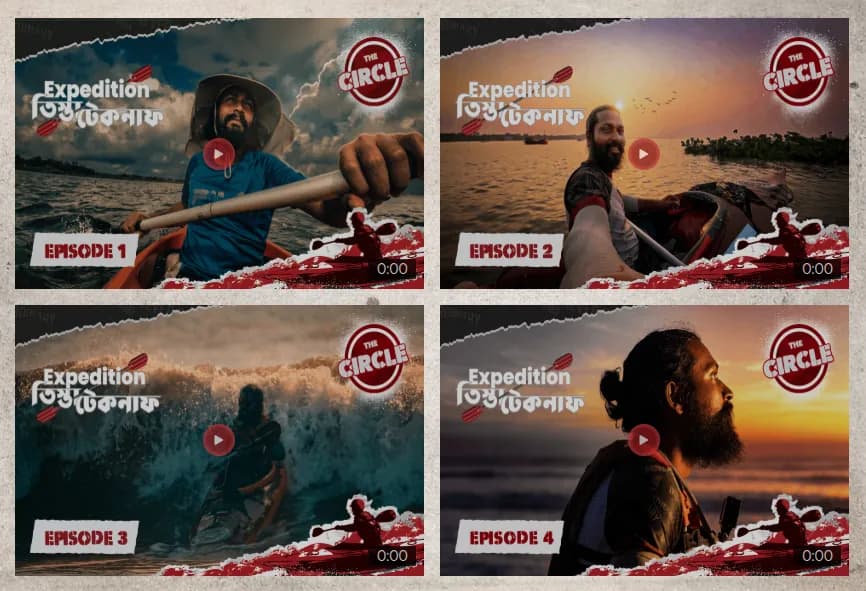 Four episode thumbnails from The Circle’s Teesta–Teknaf video series, showing Intiaz Mahmud kayaking through rivers and coastal waters