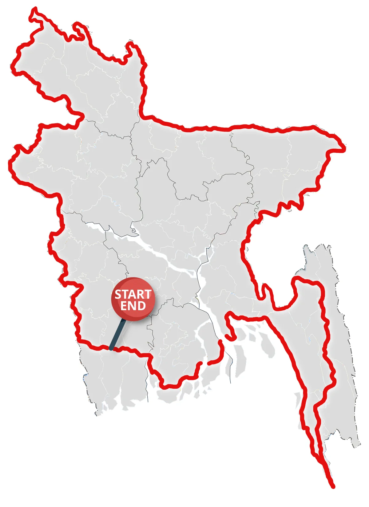 Outline map of the proposed বঙ্গচক্র border cycling route around Bangladesh
