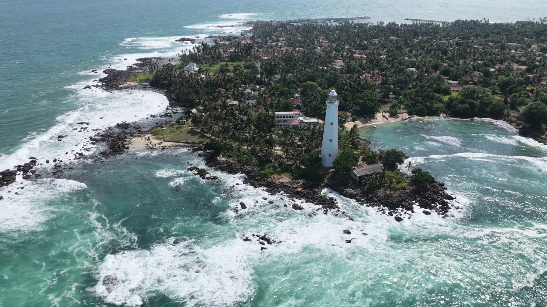 Aerial view of Dondra Head Lighthouse between two bays on Sri Lanka’s southern coast