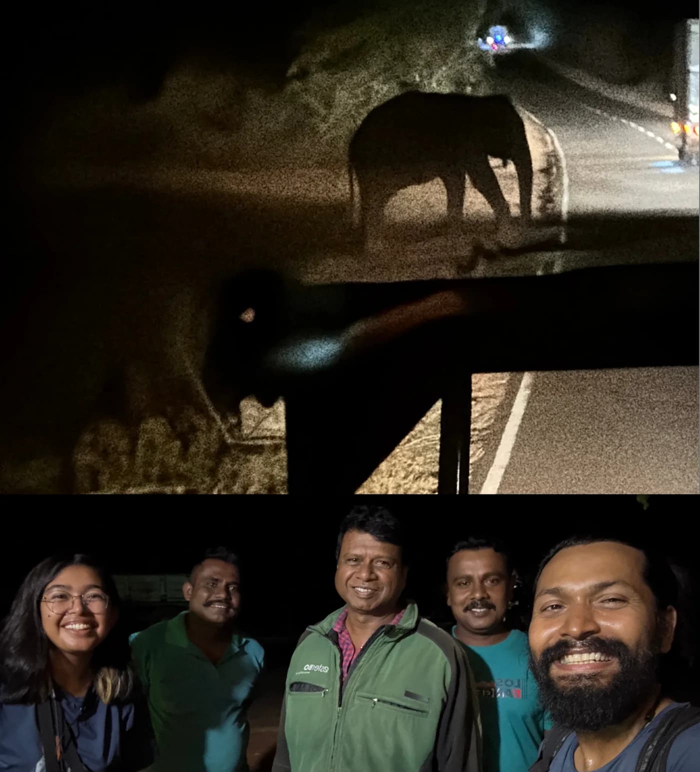 A wild elephant beside the dark Kataragama forest road and a group photograph with the officers who helped Intiaz and Subah
