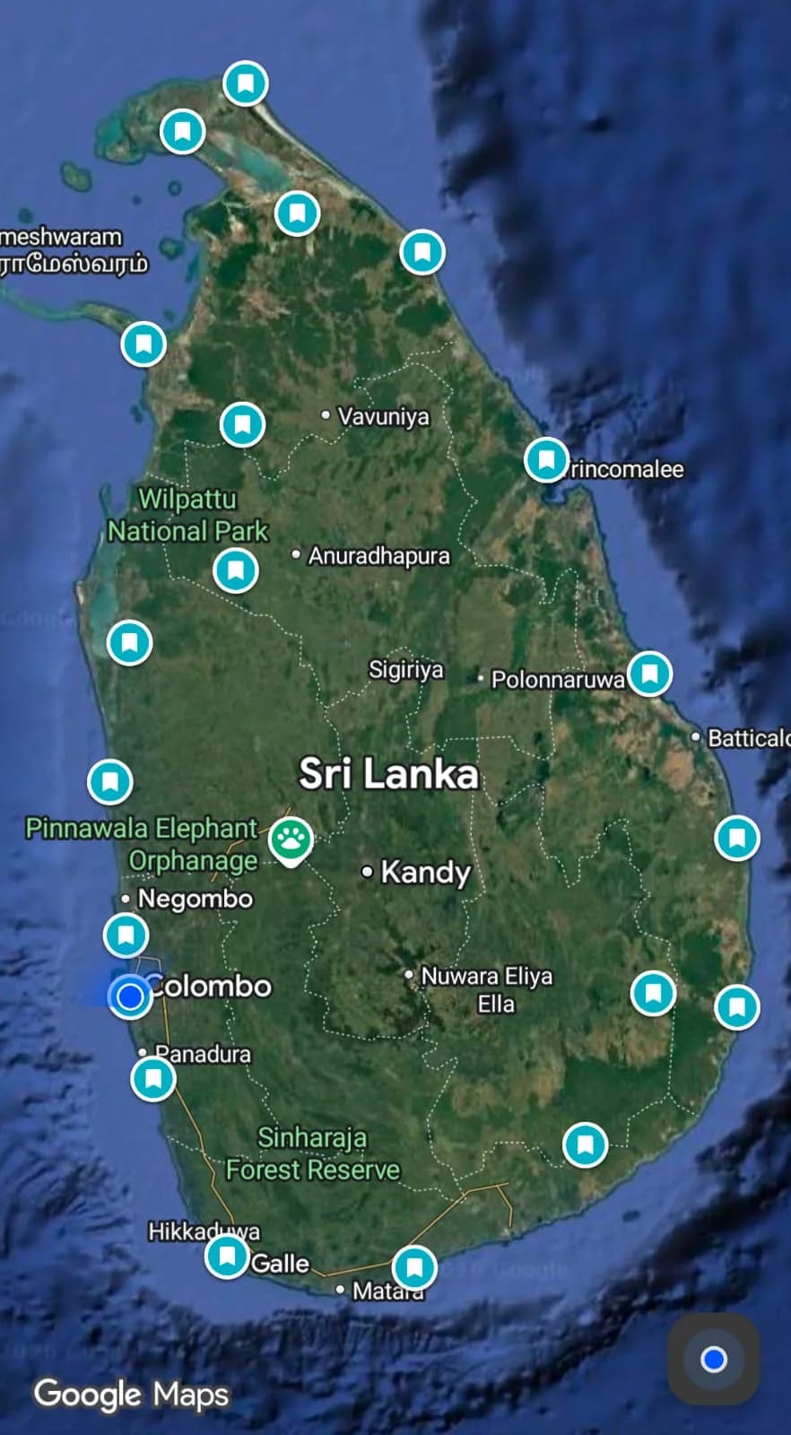 Map of Sri Lanka marked with the overnight stops made during LankaChakra
