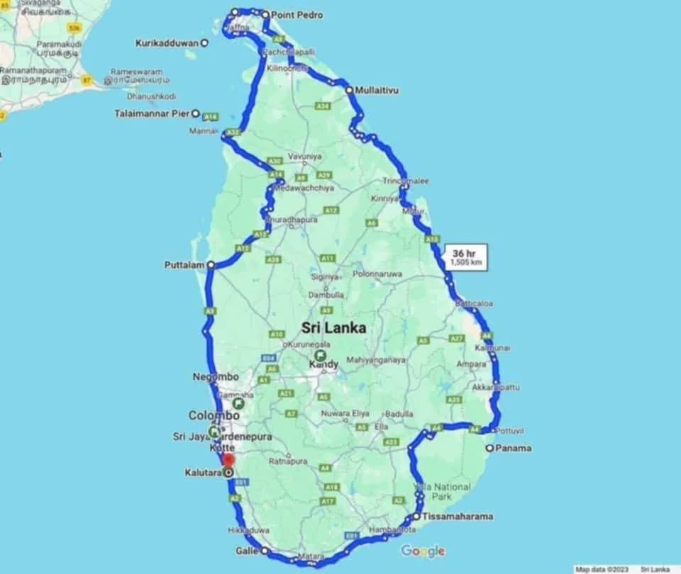 Map showing the approximate 1,500-kilometre clockwise LankaChakra route around Sri Lanka