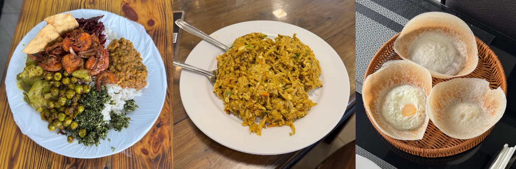 Three Sri Lankan meals: rice with vegetables and shrimp, chicken kottu, and plain and egg hoppers