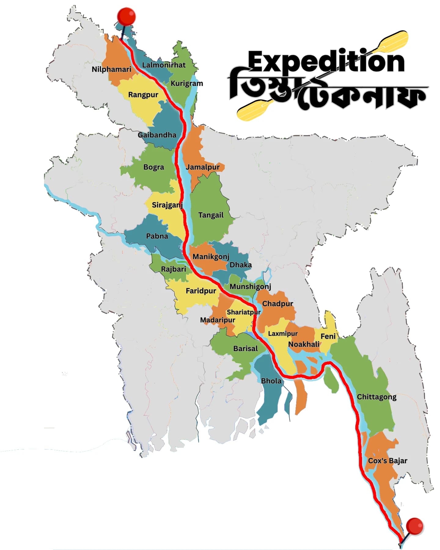 District map of Bangladesh showing the Teesta–Teknaf expedition route from the north to the southeastern coast