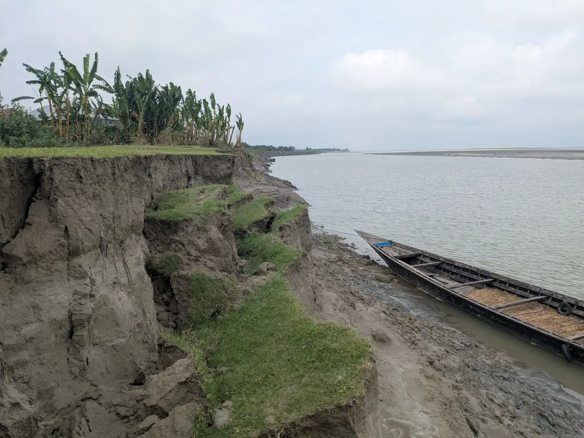 A collapsing grassy riverbank with banana trees above and a wooden boat below